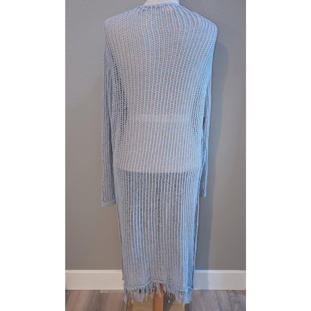 Womens POL Duster Cardigan Large Gray Fringed Open Front Loose Knit Pockets - Picture 3 of 5